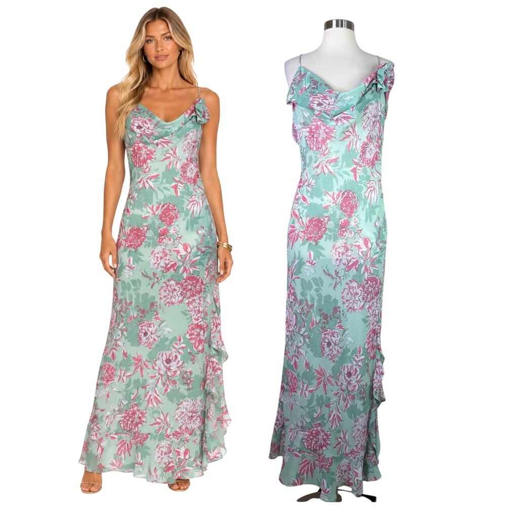 ZARA | Mint Green Pink Floral Cowl Neck Ruffle Cocktail Slip Maxi Dress XL